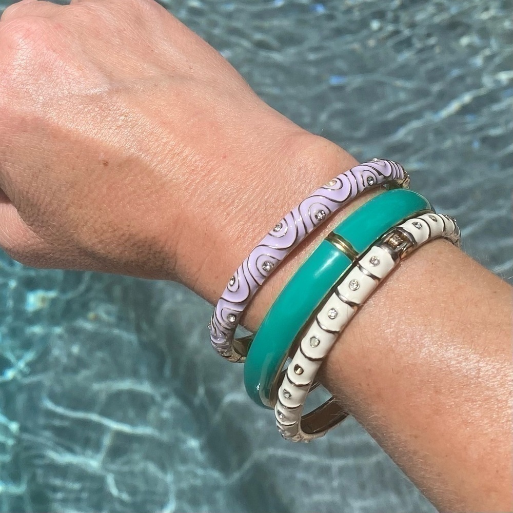 THREE Sequir bangle bracelets designer Gold White Green Purple Enameled